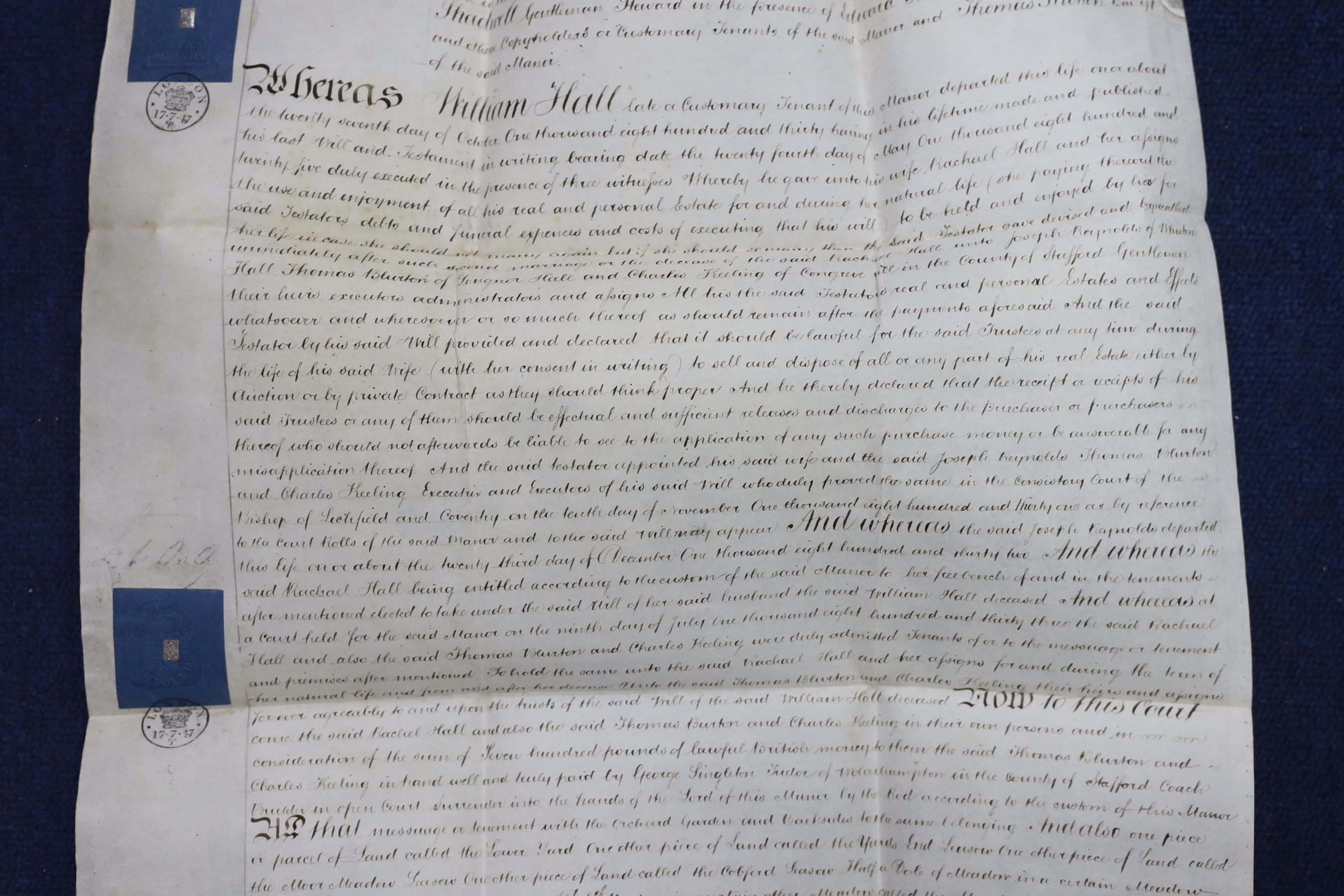 Three 19th legal documents on vellum:-The last will and testament of Thomas Osbourne, 4 leaves, dated 12th November, 1838, 65 x 72cms; Copy of a surrender of a lease, for land in the Manor of Lapley and Aston [Staffordsh